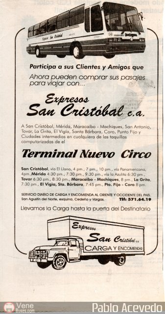 Pasajes Tickets y Boletos Expresos San Cristobal por Pablo Acevedo